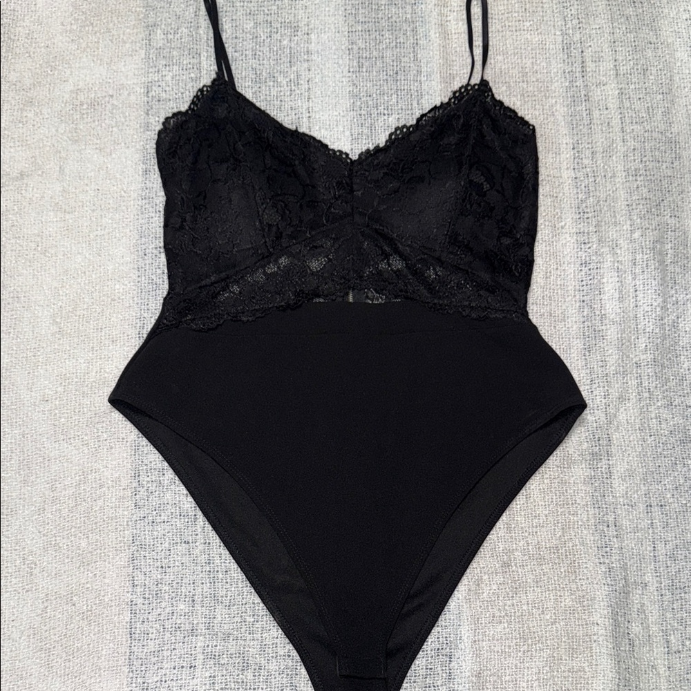 Lace-Trim Black Bodysuit with Spaghetti Straps